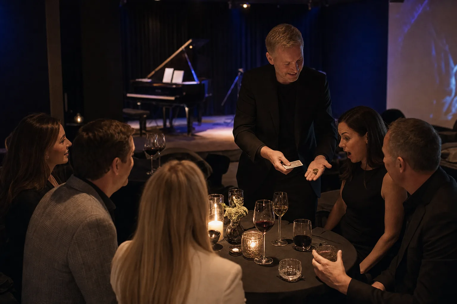 Iliuzionistas rodo triuką svečiams prie stalo Downtown Piano Lab renginyje